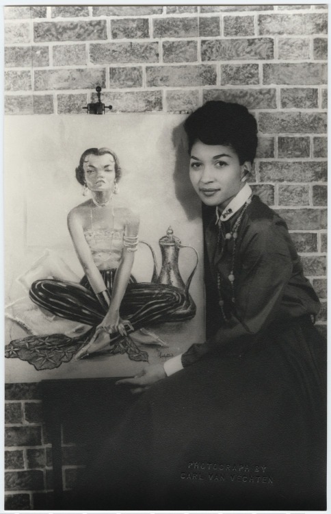 In honor of my first book signing tonight at The Studio Museum in Harlem (144 W. 125th Street - 6 to 8pm!) I am showcasing classic Black art legends. This is Lady Bird Cleveland, mother of legendary model Pat Cleveland photographed by Carl Van Vechten on November 16, 1954 with her painting in oil of Eartha Kitt. Now known as Lady Bird Strickland, she is still painting today. She told the Philadelphia Inquirer in 2013 that her calling is “to paint black history from the heart.” Photo: Beinecke Rare Book & Manuscript Library. 