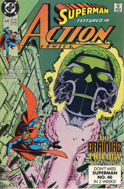 Action Comics #649 (January 1990)The Brainiac Trilogy, Last Part! Brainiac debuts a sexy new body, and a sexy new spaceship shaped like his head.As seen in Adventures #462, Lex Luthor is being held hostage inside his own secret Rocky Mountains lab by Brainiac, who now controls the entire facility with his mind. While Brainiac’s body is being genetically/mechanically remade inside a big glass tube, his mind is keeping itself entertained by mentally torturing poor Luthor. Meanwhile, Superman has been looking for Brainiac and Luthor for like six comics with no results, so he decides to let Clark Kent have a crack at it: thanks to his new job as editor of Newstime Magazine, Clark gets access to one of those “computer” things and is able to look up LexCorp’s recent finances, thus finding out about the secret lab in the Rockies.Apparently, this three/seven part storyline would have lasted five minutes if only people had Google back in 1990 (only magazine editors did). Anyway, Superman figures Luthor must be holed up in the lab and arrives there just in time to watch Brainiac step out of his refreshing genetic bath as a changed man… or Coluan, since he’s now green.After a brief mental match, Brainiac manages to knock Superman out by borrowing the brain energy of every scientist in the lab and escapes in his newly-constructed skull ship. Superman tries to follow Brainiac into space, but Brainy distracts him by revealing that he had his henchman Metallo secretly hide several nuclear devices all over Metropolis last issue. Superman has to hurry back to Metropolis to collect the devices, which explode in his face as he’s taking them out to the ocean. So, Brainiac escapes into the cosmos, but he does manage to send Superman one last mocking message before losing reception:Character-Watch:Aaaaand that’s gonna be Brainiac’s body from now on. See, this is why I like this Superman period: things take a while, but it all comes together in the end. They were planning Brainiac’s transformation from at least as far back as the “Hostile Takeover!” storyline when Luthor acquired that secret lab, and possibly longer (the mentions that Brainiac’s human body was deteriorating go back to Adventures #445). Remember this: Roger Stern plays the long game.Plotline-Watch:In addition to showing him his Mad Men-esque new office, Clark’s boss Colin Thornton also introduces him to his new personal assistant, Mara Talbot, who has the hots for Clark. Who wouldn’t?Brainiac says he got the “basic design” for his skull spaceship from a dream. Actually, the ship he dreamed about during his trippy vision in Superman #35 had Luthor’s face on it instead of a skulll, but that’s close enough I guess.This storyline was loosely adapted as the “Ghost in the Machine" episode of Superman: The Animated Series, specifically the part about Brainiac taking over a LexCorp facility and dicking around with Lex.WTF-Watch:lol, Brainiac’s nekkid.