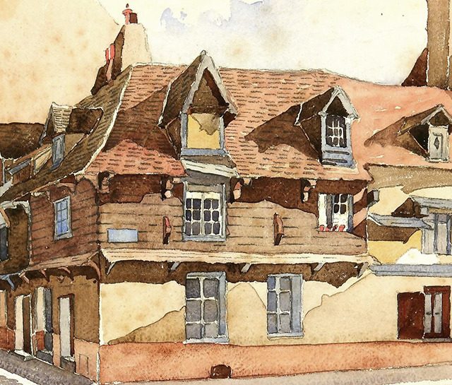 Watercolor painting of a large European pitched-roof building drenched in warm sunlight, circa 1930.