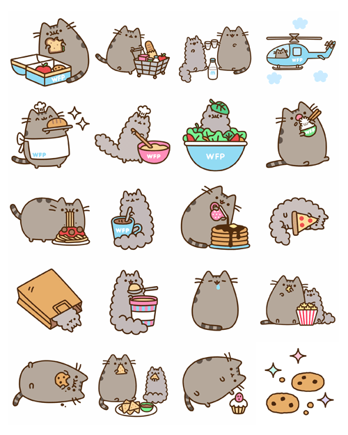 Celebrate your favorite foods and help the United Nations World Food Programme fight global hunger by sending your friends these brand new WFP/Pusheen chat stickers on Facebook! The UN World Food Programme is the world’s largest humanitarian agency fighting hunger worldwide. In addition to releasing this free sticker set, Pusheen will be donating 36,000 school meals to children fighting hunger through World Food Program USA. We hope you will join us in raising awareness for WFP! To download the new sticker set, go to Facebook and open a chat window. Click on the smiley face icon to open a window showing your emoticon/sticker options. Once in that menu, click on the shopping basket icon on the right. This will bring up Facebook’s “sticker store” where you’ll be able to download the new Pusheen sticker set, completely free. We hope you enjoy them!