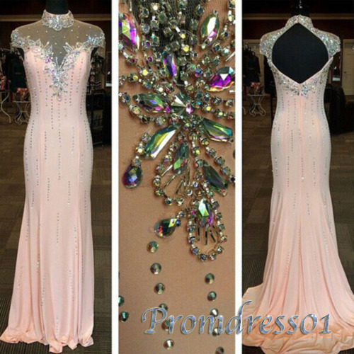Pink beaded sweetheart chiffon prom dress