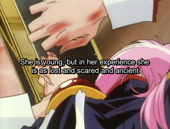 Image: Utena pulling opening the coffin. Text: She is young, but in her experience she is as lost and scared and ancient