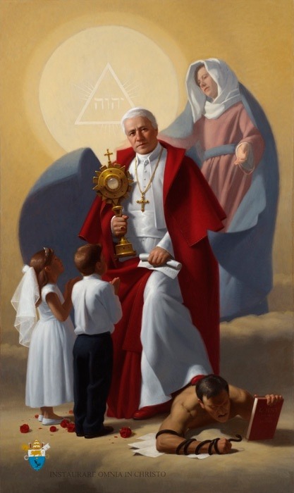 The Blessed Virgin Mary, two Communicants and Pope Saint Pius X holding The Eucharist crushing Satan.