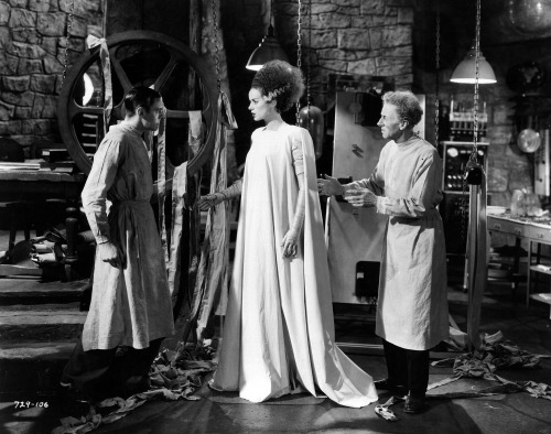 THE BRIDE OF FRANKENSTEIN:
“It should be a helluva downer, but Whale’s story — and, more importantly, Karloff’s performance — generates a greater realization. I walk out of BRIDE knowing that everyone feels misunderstood. Everyone is in need of a friend who both accepts and “gets” them. There are many times in life when we don’t have such friends, but that’s a sad fact mitigated by our unity in longing. Anyone who really pays attention to BRIDE identifies with the creature. In one of the single finest performances ever captured on film, Karloff represents all of our longing, all of our simple joy, all of our optimism, and in the end, a determined and brave wisdom to which all of us can only aspire.”
From MONSTER SERIAL, published by The Collinsport Historical Society, via silverscreams.