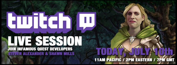 Today at 11am Pacific/ 2pm Eastern/ 7pm GMT you can join the Quest For Infamy developers on a twitch live session.
Featuring the game&#8217;s creators Steven Alexander and Shawn Mills you&#8217;ll hear their commentary as they play this Quest For Glory inspired title. You could even enjoy a Q&amp;A session with the developers.

With 3 classes to play and over 200 screens to explore, Quest For Infamy is a massive game. Embracing your inner rogue never felt so good!
Gonçalo GonçalvesSocial Media AssociatePhoenix Online Studios