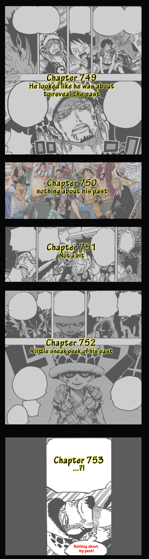 Law&#8217;s forever awaiting mysterious past
And again, this new chapter, nothing about Law&#8217;s past. Oda sure is sitting and laughing right now.

Such a tease. Pretty sure he did this on purpose. 

P/s&#160;: But, I can wait. Like I always do. I have been with this manga for almost 15 years&#8230; so waiting for like ten twenty chapters are nothing&#8230; teehee!