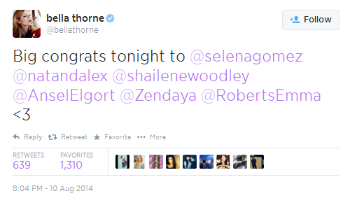 August 10: Bella Thorne gives congrats to Selena for winning the “Ultimate Choice Award” at the 2014 Teen Choice Awards on Twitter