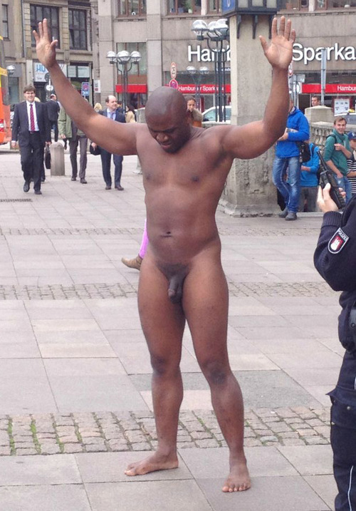 humiliatedmen:

hands in the air - stood bare assed naked on show to everyone in the street - look how the people look on and laugh at him, humiliating him
