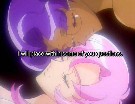Image: Opening cap of Utena and Anthy nude, their heads beside each other. Text: I will place within some of you questions.