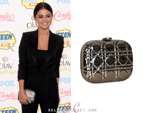 Are you guys feeling the Christian Dior Bronze Cannage Metal Box clutch that Selena Gomez carried to the 2014 Teen Choice Awards? You can get it for $1,356 on bluefly.com
Buy it HERE
She wore it with a Saint Laurent jumpsuit, and Miu Miu shoes
Get the look with these metal box clutches!


// 
