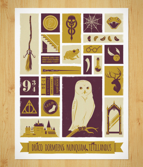 Harry Potter object poster by Jeff Langevin
https://www.etsy.com/listing/153374800/harry-potter-hogwarts-wizard-poster-art