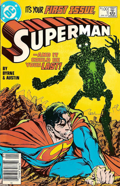 Superman #1 (January 1987)Superman tracks down the dude who stole the rocket in which he arrived on Earth as a fetus, and he turns out to be 1) inside a laboratory full of pictures and data about Superman and 2) dead. The dead scientist, it turns out, thought Superman was an evil alien invader (in all the years he observed Supes, he never noticed the guy spends all day saving people), so he used the kryptonite inside the rocket to build his own alien-killing Terminator, Metallo. Metallo’s first order of business was terminating his creator. The second is beating the ever-lovin’ crap out of Superman.This is a dang good first issue. I was a little underwhelmed when I re-read the Man of Steel miniseries, but this one has it all: visceral action (there’s an almost Doomsday-level fight — Metallo and Superman tear down a whole bank in their fight, and then Metallo emerges from the rubble holding Superman’s cape); some interesting narrative choices; and just kick-ass storytelling. Also, it’s cool that they establish right on the first issue that this Superman is very much capable of getting his ass handed to him.Character-Watch:In case you didn’t notice by now, this issue introduces Metallo. He’s some guy whose body got trashed in a car accident, and then a possibly-schizophrenic scientist moved his brain into a kryptonite-powered robot body. It’s one of the coolest and most threatening Superman villains ever… and they only used him again like four times.Plotline-Watch:Luthor’s Kryptonite: The fight suddenly ends when Metallo is mysteriously abducted. The kidnapper turns out to be Luthor, who has grander plans for the kryptonite in his chest.The Misadventures of Hank Henshaw: Superman literally rips the chunk of land under the dead scientist’s lab, and leaves the entire building (along with the Kryptonian fetus rocket inside) suspended between the Earth and the moon so that no one will find it. Years later someone did find it, and that led to the creation of Cyborg Superman, the destruction of Coast City and Zero Hour.WTF-Watch:Re-read that last paragraph, please. What? Instead of just wiping the data about him in the lab, Superman throws the entire building into space and forgets about it for years. I’m actually glad that this decision came back to bite him in the ass big time.