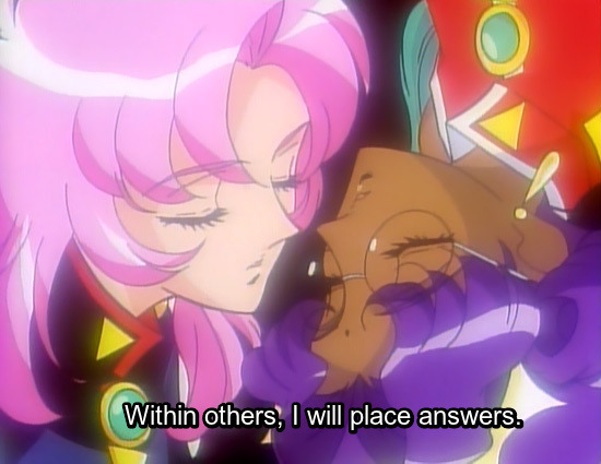 Image: Opening cap of another angle of Utena and Anthy facing, this time in their Duelist and Rose Bride outfits. Text: Within others, I will place answers.