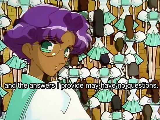 Image: Opening cap of Anthy looking over her shoulder in front of a backdrop of Ohtori girls. Text: and the answers I provide may have no questions.