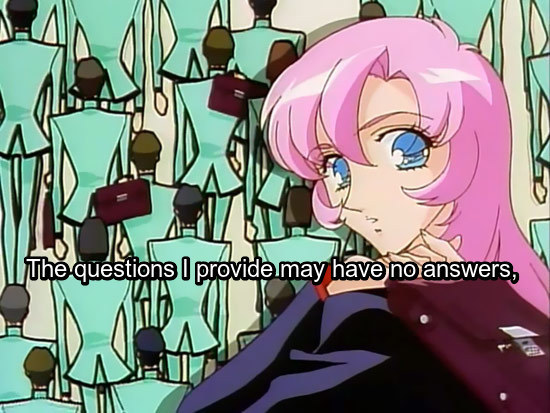 Image: Opening cap of Utena looking over her shoulder in front of a backdrop of Ohtori boys. Text: The questions I provide may have no answers,