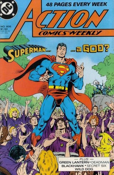 Action Comics Weekly #601-641 (May 1988-March 1989)Superman comes across a cult of people in California who worship him like a god. That would be weird enough, but they also gain superpowers from adoring his red trunks (actually, any part of his person, but I am choosing to focus on his trunks). Meanwhile, there’s also a group of loony businessmen who think Superman is the Anti-Christ, and they’re trying to kill the cultists with futuristic weapons. The S-lovers and the S-haters fight each other for a while with Superman awkwardly stuck in between, until it’s revealed that both sides are unknowingly powered by Darkseid, as part of a plan to instigate a holy war. Having more or less accomplished that (the “holy war” is basically some hair-pulling in an empty field in California), Darkseid reveals himself and takes the loony businessmen to languish for eternity in Apokolips. Superman tells the cultists to think for themselves and they’re like “whoa, we should do that.”While Superman was in California, some Quraci terrorists blew up a few American people, creating tension in the “Little Qurac” section of Metropolis. Then Superman manages to resolve the situation pretty quickly, because the comic got cancelled.Plotline-Watch:After hitting issue 600, Action Comics turned into a weekly anthology series featuring different stories and characters, with a two-page Superman serial in every issue. It would be a pain in the ass to cover the issues individually since they’re so short and nothing happens in them, so I just lumped them all together here.We never heard about the Superman cult again after Action Comics Weekly reverted back to Action Comics, but I wonder if the villain Saviour, a Superman-obsessed serial killer with reality bending powers, was originally one of these guys. That would explain where he got those powers: Darkseid gave them to him and forgot to take them back! It would also account for his facial hair if he was from California.Creator-Watch:The whole series is written by future Superman writer Roger Stern and past Superman artist Curt Swan. Stern will take over writing duties when John Byrne suddenly fucks off and Swan will be back a bunch more times, including on another story set in Little Qurac.