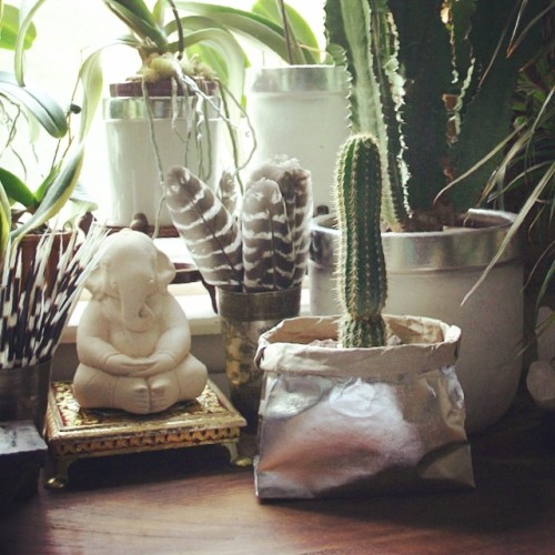 On my desk #diy silver paper sack #cactus #plants #ganesh #ganesha #boho #bohemian #bohemiandecor #bohohome #decor #homedecor #interiordecor #apartmentdecor