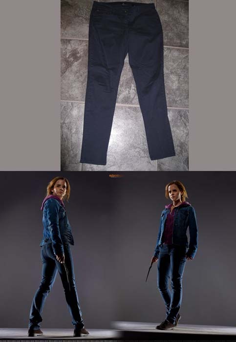 
 Emma wore a pair of H&amp;M Navy Blue Cotton Elastane Pants as Hermione Granger in Harry Potter and the Deathly Hallows part 2.  H&amp;M Cotton Elastane Pants - $24.95 Wore with: H&amp;M Hooded Jacket &amp; Esprit Denim Jacket 
