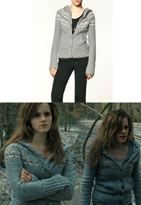 
 Emma wore a Zara Fairisle Knitted Button Cardigan as Hermione Granger in Harry Potter and the Deathly Hallows part 1. 
