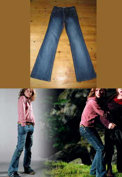 
 Emma wore a pair of Topshop Moto Blue Bootcut Jeans as Hermione Granger in Harry Potter and the Prisoner of Azkaban.  Available in different colours and sizes on Ebay - about $23
