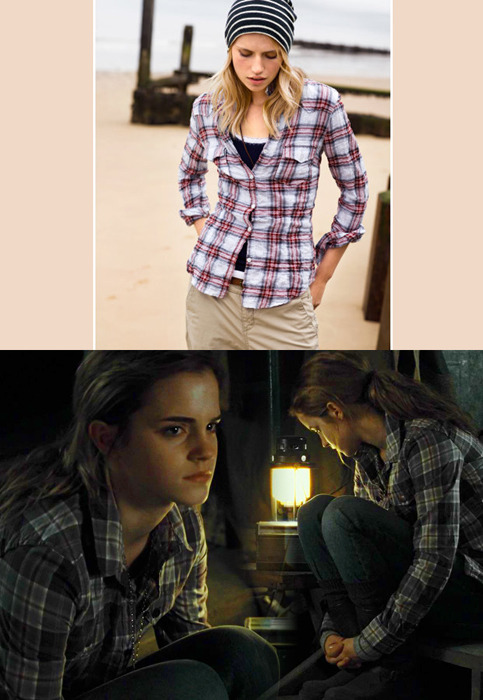 
 Emma wore a H&amp;M plaid shirt as Hermione Granger in Harry Potter and the Deathly Hallows part 1. H&amp;M plaid shirt - £14.99 (available in red, burgundy, dark green &amp; blue) Wore with: Levi’s 515 Misses Mid Rise Classic Boot Cut Jeans 
