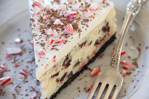 white chocolate peppermint bark cheesecake.