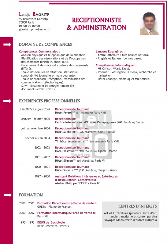 example resume  exemple cv receptionniste