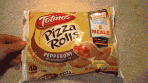 Gif of a boy putting pizza rolls into a microwave with the caption "tada"