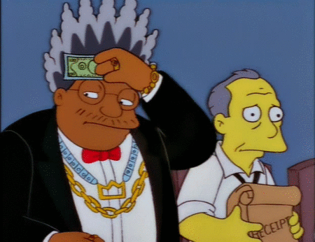 The simpsons: Man wiping sweat with money while a shaken man rocks in his chair with this receipts.