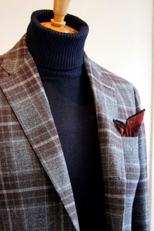 checked sport coat combined with a roll neck sweater