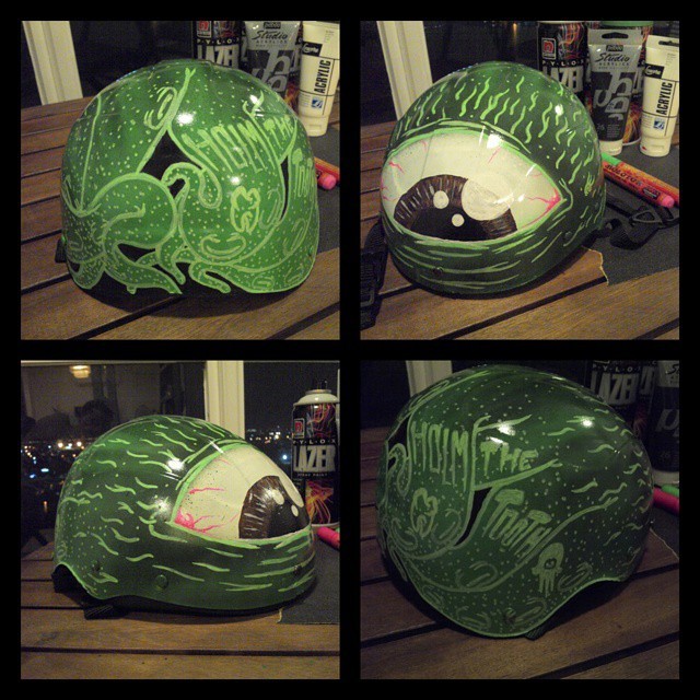 Spraypaint and acrylics on cheap helmet, varnished www.holmthetooth.tumblr.com