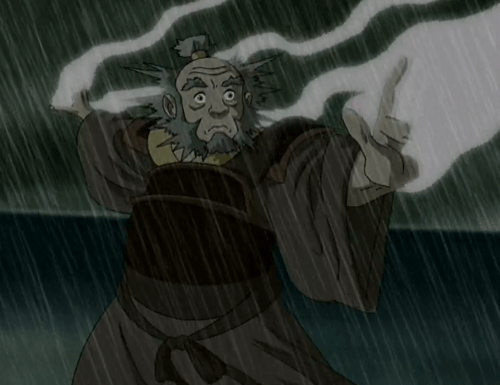 Iroh's lightning redirection leaves him charred and smoking