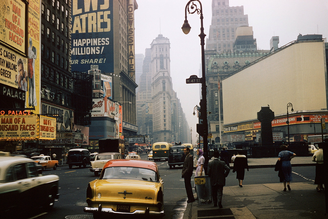 theniftyfifties: 47th Street, New York City, 1957. Photo by André Robé 