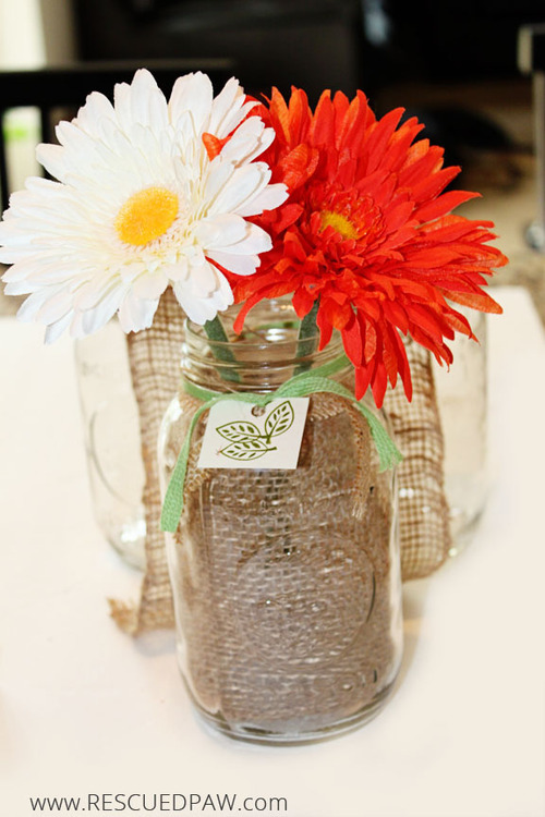 Woodland Themed Baby Shower Jar with Flowers & Burlap