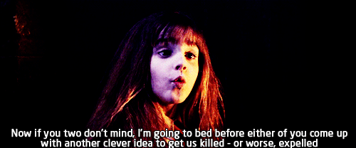 Hermione speaking. Caption reads: 