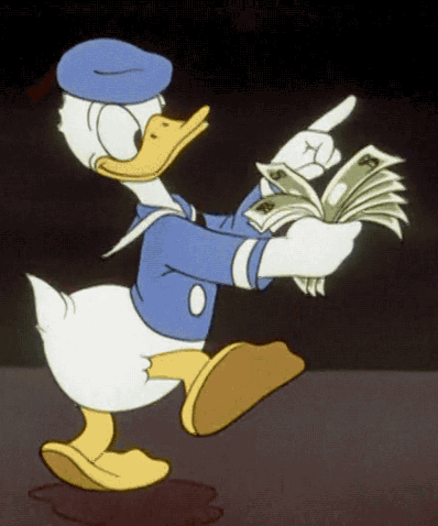 Donald Duck walking around counting his dollars