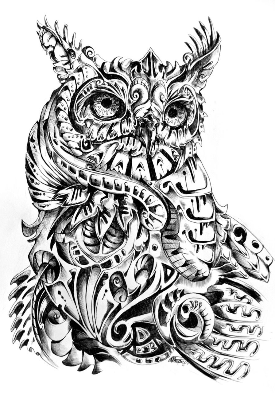 Observer Abstract interpretation of the Great Horned Owl. Black ball point pen | App. 3.5 Hours. Art Tumblr.